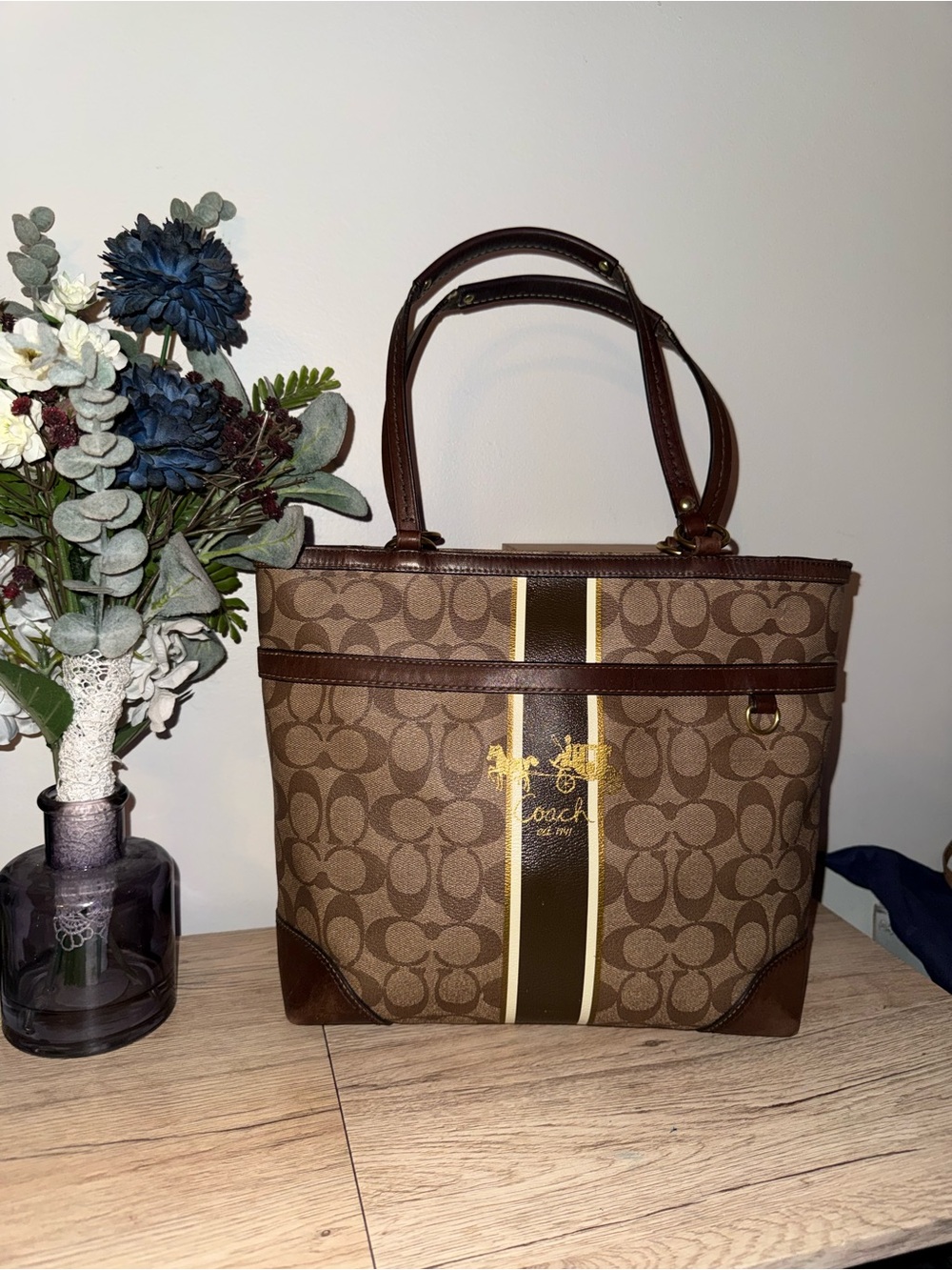 Coach Signature Heritage Stripe Tote with Tattersall Lining